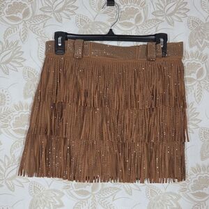 NWT NYLON APPAREL Brown Fringe Rhinestone Skirt SMALL Western Cowgirl Flapper